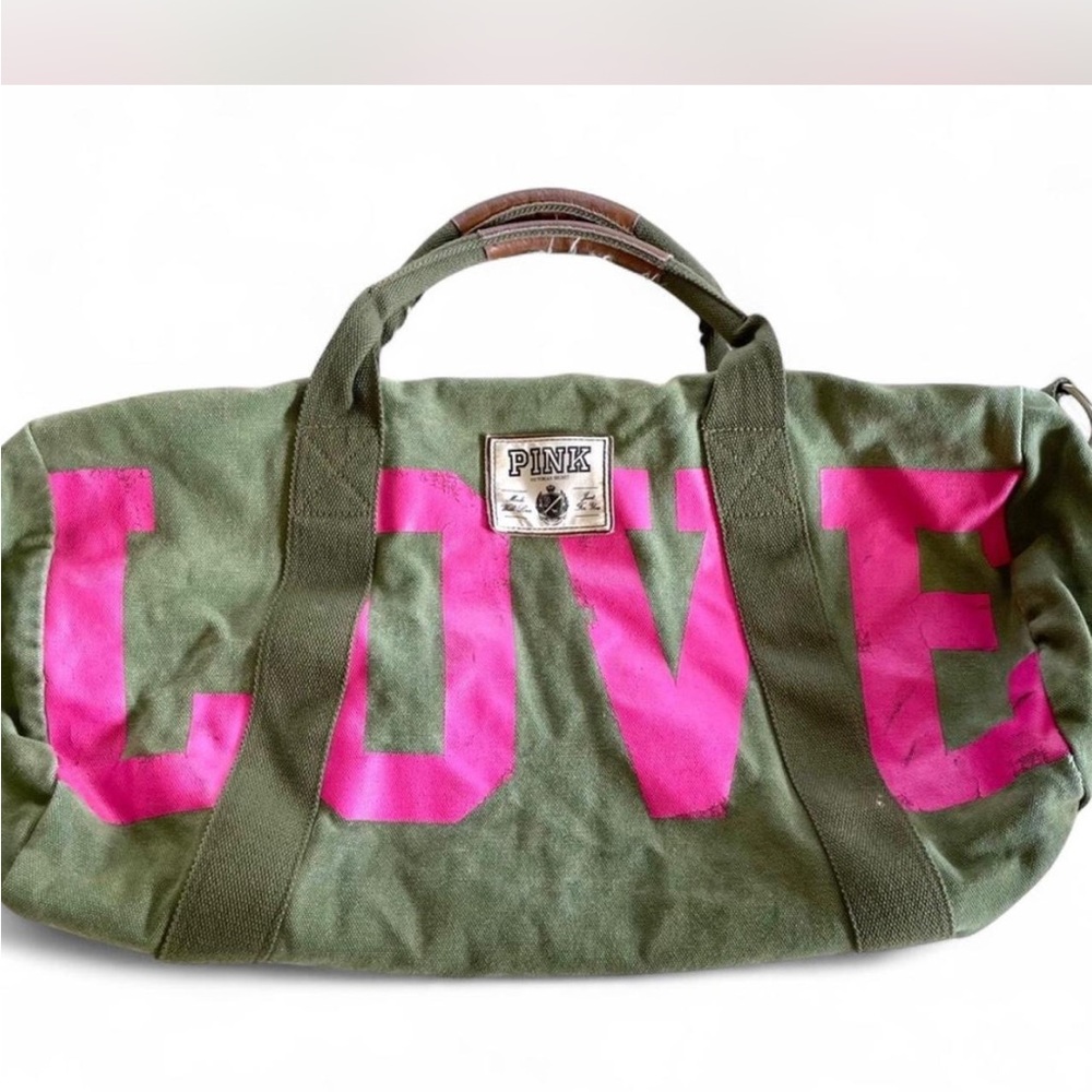 PINK Victoria's Secret Olive Green Travel Bag with Pink Lettering
